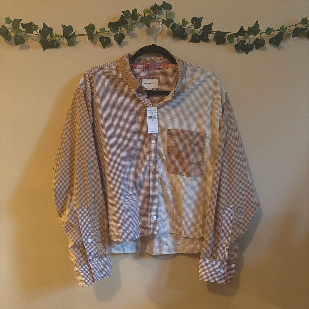NWT American Eagle Women's Checkered Cropped Oversized Colorblock Shirt